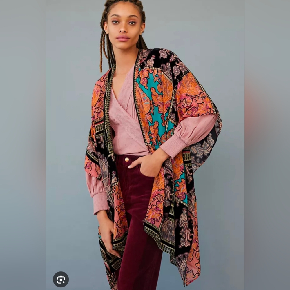 Anthropologie Sharona Kimono Open Front Velvet Burnout Boho Multi Color Orange
